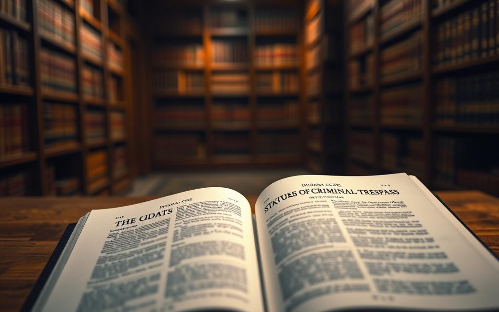 A Dimly Lit Law Library, Shelves Of Legal Tomes Lining The Walls, Casts A Warm Glow On A Wooden Table. In The Foreground, A Copy Of The Indiana Code Lies Open, Highlighting The Statutes On Criminal Trespass. The Pages Are Illuminated By A Soft, Directional Light, Casting Subtle Shadows That Emphasize The Text. The Scene Conveys A Sense Of Authority And Gravitas, Reflecting The Serious Nature Of The Legal Framework Surrounding Trespassing Offenses.