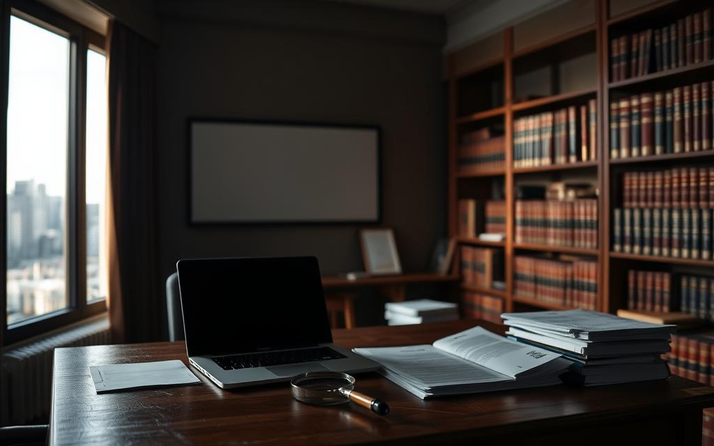 A Dimly Lit Office, The Walls Lined With Legal Tomes And Documents. In The Foreground, A Wooden Desk With A Laptop, A Magnifying Glass, And A Stack Of Tax Forms. The Lighting Casts Dramatic Shadows, Creating An Atmosphere Of Seriousness And Scrutiny. In The Background, A Large Window Overlooks A Cityscape, The Skyline Hinting At The Broader Context Of The Tax Investigation. The Scene Conveys A Sense Of Legal Complexity And The High Stakes Involved In Navigating The Intricacies Of Tax-Related Non-Custodial Proceedings.