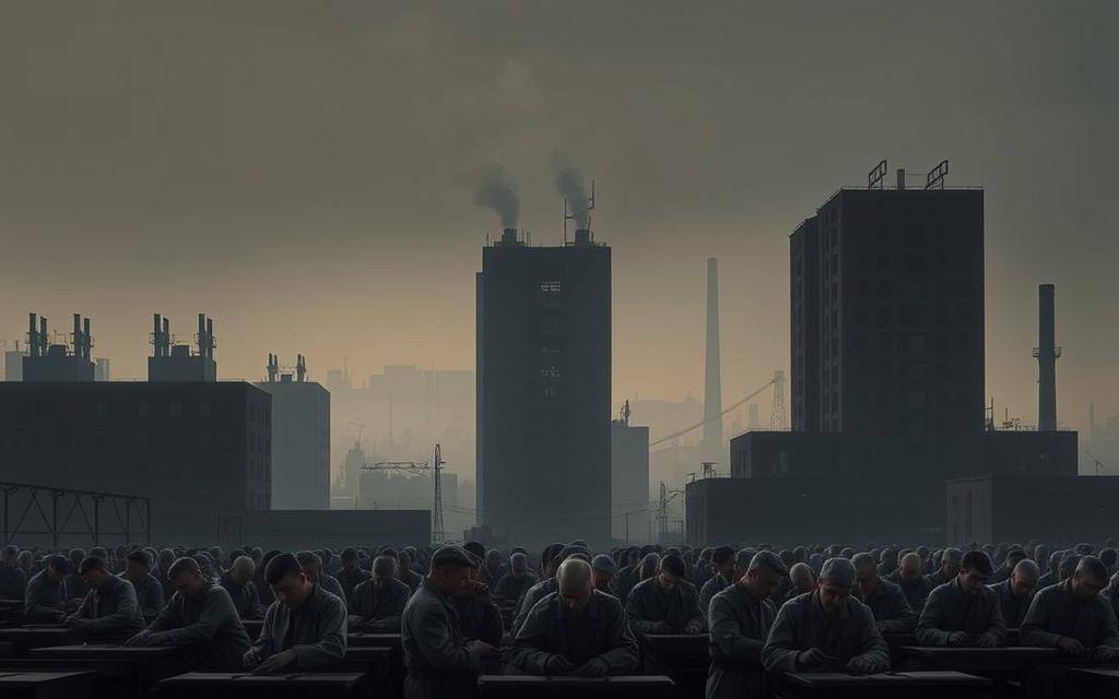 A Stark, Industrial Landscape Depicting The Impact Of State-Assigned Employment In A Command Economy. In The Foreground, A Group Of Workers In Drab, Standardized Uniforms Toil Mechanically At Their Stations, Faces Devoid Of Expression. The Middle Ground Is Dominated By Towering, Monolithic Factory Buildings, Their Windows Dark And Lifeless. The Background Is A Shadowy, Hazy Skyline, Tinged With A Sense Of Gloom And Oppression. Harsh, Unnatural Lighting Casts Harsh Shadows, Emphasizing The Dehumanizing Nature Of The Scene. The Overall Atmosphere Is One Of Stifled Creativity, Limited Opportunity, And The Crushing Weight Of Government Control Over The Individual.