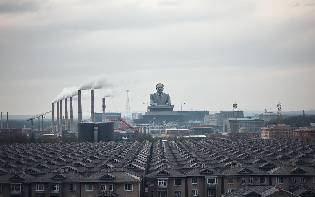 A Vast Industrial Complex, Smoke Billowing From Towering Chimneys, Workers In Hard Hats And Overalls Toiling At Assembly Lines. In The Foreground, Rows Of Identical Housing Blocks, Their Monotonous Facades Devoid Of Individuality. The Sky Is A Dull, Overcast Gray, Reflecting The Somber Mood Of The Scene. In The Distance, A Massive Statue Of A Stern-Faced Leader Overlooking The State-Controlled Economy. The Lighting Is Harsh, Casting Deep Shadows That Emphasize The Rigidity And Conformity Of This Command Economy Landscape. Captured Through A Wide-Angle Lens, The Image Conveys A Sense Of Overwhelming Scale And The Individual'S Insignificance Within The Larger System.