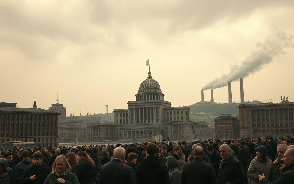 Prompt A Bleak, Dystopian Cityscape Under The Oppressive Control Of A Command Economy. In The Foreground, Long Lines Of Weary Citizens Wait To Receive Their Meager Government-Rationed Supplies, Their Faces Etched With Frustration And Resignation. Towering, Austere Government Buildings Loom In The Middle Ground, Their Windows Dark And Foreboding. The Sky Is A Dull, Overcast Gray, Casting A Somber, Claustrophobic Mood Over The Scene. Industrial Smokestacks Belch Thick Plumes Of Smoke In The Distance, Symbolizing The Heavy Hand Of State Control Over The Means Of Production. The Overall Atmosphere Conveys A Sense Of Hopelessness And The Crushing Weight Of Government Domination Over The Private Lives Of Citizens.